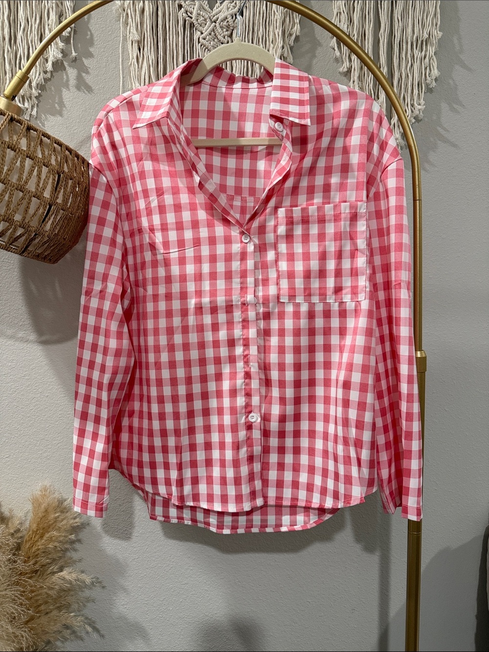 Pink & White Gingham Button-Up Shirt